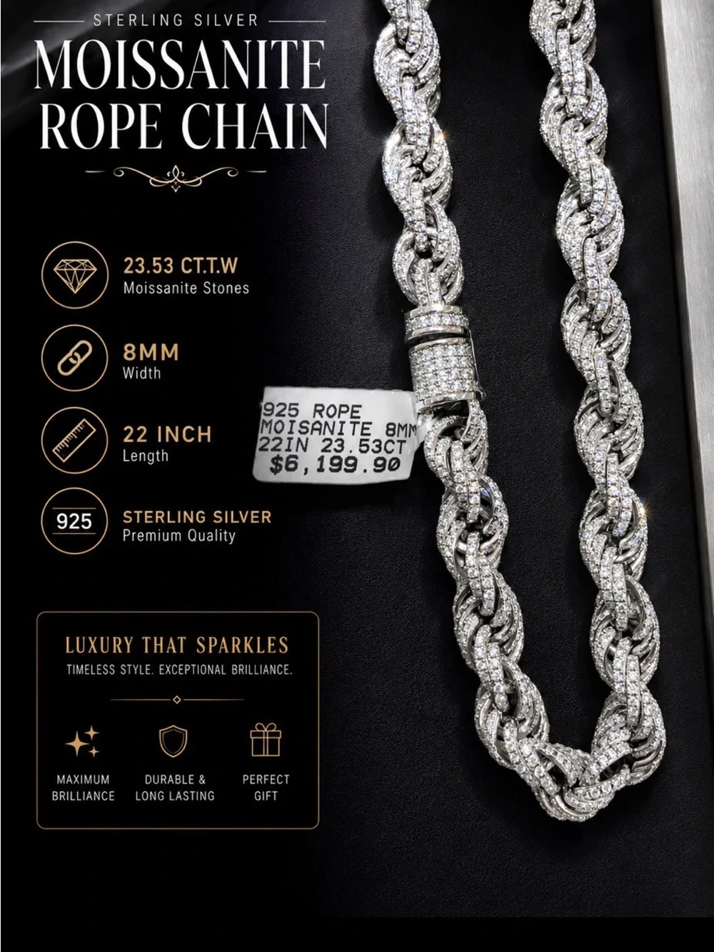 Sterling Silver Moissanite Rope Chain Necklace - White